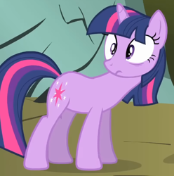 Size: 530x535 | Tagged: safe, derpibooru import, screencap, twilight sparkle, unicorn twilight, pony, unicorn, dragonshy, season 1, cropped, leaning, looking at someone, shocked, shrunken pupils, solo, standing