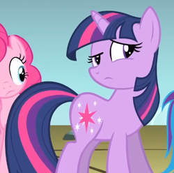 Size: 456x452 | Tagged: safe, derpibooru import, screencap, pinkie pie, twilight sparkle, unicorn twilight, earth pony, pony, unicorn, dragonshy, season 1, cropped, female, frown, looking at someone, looking back, mare, solo focus, standing, unsure