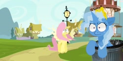 Size: 1551x774 | Tagged: safe, artist:c4n4ry0nl1n3, derpibooru import, fluttershy, trixie, pegasus, pony, unicorn, duo, ponyville, ponyville town hall, startled, streetlight, trash can