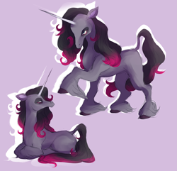 Size: 2875x2775 | Tagged: safe, artist:tuherrus, derpibooru import, oleander, classical unicorn, unicorn, them's fightin' herds, cloven hooves, community related, horn, leonine tail, lying down, prone, purple background, simple background, solo, unshorn fetlocks
