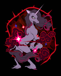 Size: 1174x1455 | Tagged: safe, artist:tuherrus, derpibooru import, oleander, classical unicorn, unicorn, them's fightin' herds, angry, black background, cloven hooves, community related, horn, leonine tail, magic, rearing, scowl, simple background, solo, unshorn fetlocks