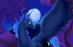 Size: 2671x1719 | Tagged: safe, artist:tuherrus, derpibooru import, princess luna, alicorn, pony, full moon, moon, solo, style emulation, the last unicorn