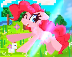 Size: 1024x810 | Tagged: safe, artist:petaltwinkle, derpibooru import, pinkie pie, bird, chicken, earth pony, pony, female, looking at you, mare, one eye closed, open mouth, open smile, pixel art, smiling, smiling at you, solo, wink, winking at you