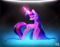 Size: 2048x1620 | Tagged: safe, artist:petaltwinkle, derpibooru import, twilight sparkle, twilight sparkle (alicorn), alicorn, pony, eyes closed, female, glowing, glowing horn, head turn, horn, mare, pixel art, signature, solo