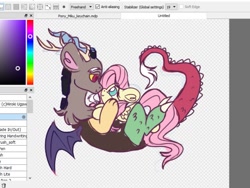 Size: 1177x886 | Tagged: safe, artist:pvnkbats, derpibooru import, discord, fluttershy, draconequus, pegasus, pony, antlers, discoshy, duo, female, hand on face, hoof on chest, horn, interspecies, keychain, looking at each other, looking at someone, male, screenshots, shipping, sketch, smiling, smiling at each other, straight, wings, wip