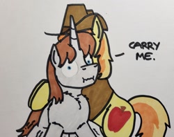 Size: 2048x1618 | Tagged: safe, artist:hoofclid, derpibooru import, braeburn, oc, oc:hoofclid, earth pony, pony, unicorn, :i, canon x oc, chest fluff, dialogue, duo, gay, male, shipping, stallion, traditional art