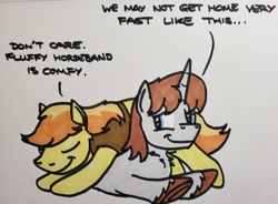 Size: 2047x1504 | Tagged: safe, artist:hoofclid, derpibooru import, braeburn, oc, oc:hoofclid, earth pony, pony, unicorn, canon x oc, dialogue, duo, eyes closed, gay, hatless, looking back, lying down, male, missing accessory, prone, shipping, smiling, sploot, stallion, traditional art