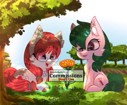 Size: 1200x1000 | Tagged: safe, artist:rosebutterfly014, derpibooru import, oc, earth pony, pony, commission, dappled sunlight, flower, food, obtrusive watermark, orange, tree, tulip, watermark