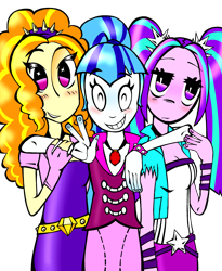 Size: 2300x2800 | Tagged: safe, artist:ocharmekan, derpibooru import, adagio dazzle, aria blaze, sonata dusk, equestria girls 10th anniversary, equestria girls, peace sign, smiling, the dazzlings