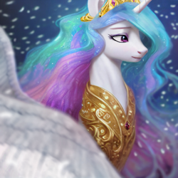 Size: 2048x2048 | Tagged: safe, ai content, derpibooru import, editor:wojtek-ツ, generator:stable diffusion, machine learning generated, princess celestia, alicorn, pony, armor, bust, crown, female, horn, jewelry, mare, multicolored mane, peytral, portrait, regalia, solo, sparkles, white coat, wings