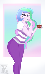 Size: 1560x2527 | Tagged: safe, artist:theretroart88, derpibooru import, princess celestia, principal celestia, human, equestria girls, background, breasts, cake, cakelestia, caught, cleavage, clothes, curvy, dessert, eating, female, food, fork, looking at you, pants, shirt, short sleeves, solo