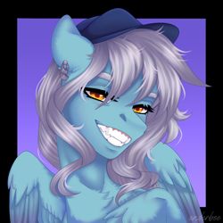 Size: 2048x2048 | Tagged: safe, artist:enderbee, derpibooru import, oc, oc:ice, pegasus, pony, bust, chest fluff, commission, ear piercing, earring, fangs, female, hat, jewelry, lidded eyes, mare, piercing, portrait, purple background, raised hoof, raised leg, sharp teeth, simple background, smiling, solo, teeth, toothy grin, wings