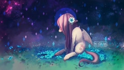 Size: 1280x720 | Tagged: safe, artist:milkrainn, derpibooru import, fluttershy, pegasus, pony, crying, female, flower, flower in hair, long mane, mare, meadow, sad, solo, stars