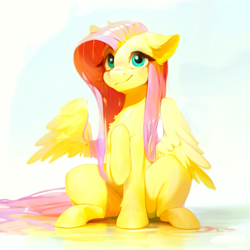 Size: 3072x3072 | Tagged: safe, ai content, derpibooru import, generator:purplesmart.ai, generator:stable diffusion, machine learning generated, fluttershy, pegasus, pony, cute, female, reflection, shyabetes, simple background, sitting, solo, wet, wet hair, wet mane, white background, wings