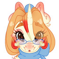 Size: 2500x2500 | Tagged: safe, artist:bananasplitedy, derpibooru import, oc, oc only, pony, unicorn, blushing, bust, clothes, female, glasses, heart, heart eyes, horn, looking at you, makeup, mare, portrait, scarf, simple background, solo, transparent background, unicorn oc, wingding eyes