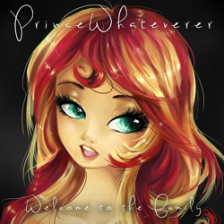 Size: 1080x1080 | Tagged: safe, artist:chocori, derpibooru import, sunset shimmer, human, equestria girls, bust, collarbone, female, gradient background, lipstick, looking sideways, nudity, open mouth, princewhateverer, solo, song cover