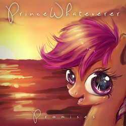 Size: 1080x1080 | Tagged: safe, artist:chocori, derpibooru import, rainbow dash, scootaloo, pegasus, pony, bust, eye reflection, female, filly, foal, ocean, open mouth, open smile, princewhateverer, reflection, smiling, song cover, sunset, water