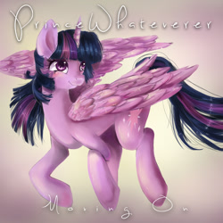 Size: 1080x1080 | Tagged: safe, artist:chocori, derpibooru import, twilight sparkle, twilight sparkle (alicorn), alicorn, pony, faic, female, flying, gradient background, head turn, mare, princewhateverer, smiling, smirk, solo, song cover, twiface