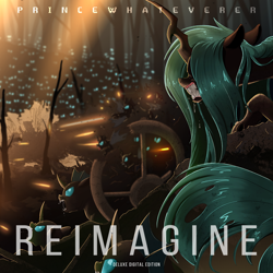 Size: 2000x2000 | Tagged: safe, artist:ncmares, derpibooru import, queen chrysalis, changeling, changeling queen, pony, album cover, army, crouching, dead tree, gunfire, hair over eyes, high res, horde, princewhateverer, snarling, tree, war