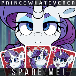 Size: 1500x1500 | Tagged: safe, artist:partylikeanartist, derpibooru import, rarity, pony, unicorn, alternate hairstyle, beatnik rarity, beret, bust, close-up, clothes, female, hat, jewelry, looking at you, mare, multeity, necklace, pearl necklace, playing card, princewhateverer, solo, song cover, sweater, tiara, unamused