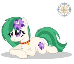 Size: 1571x1347 | Tagged: safe, artist:r4hucksake, derpibooru import, oc, oc only, oc:primrose medley, earth pony, pony, female, flower, flower in hair, lying down, mare, prone, simple background, solo, transparent background