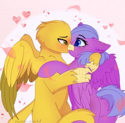 Size: 2812x2760 | Tagged: safe, artist:2pandita, derpibooru import, oc, oc only, griffon, pegasus, pony, blushing, butt, female, heart, kiss on the lips, kissing, mare, oc x oc, plot, shipping