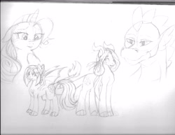 Size: 4944x3816 | Tagged: safe, artist:lunarskies92, derpibooru import, rarity, spike, oc, dracony, hybrid, pony, unicorn, bust, ears, female, floppy ears, grayscale, interspecies offspring, male, mare, monochrome, offspring, older, older spike, parent:rarity, parent:spike, parents:sparity, pencil drawing, shipping, sparity, straight, traditional art