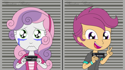 Size: 4800x2700 | Tagged: safe, artist:phantomshadow051, derpibooru import, scootaloo, sweetie belle, human, equestria girls, arrested, barbie, barbie (film), barbie mugshot meme, crying, cute, digital art, duo, duo female, english, female, indoors, jail, lesbian, meme, mugshot, open mouth, open smile, prison, scootabelle, shipping, signature, smiling, text, varying degrees of amusement