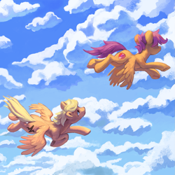 Size: 1445x1447 | Tagged: safe, artist:kaermter, derpibooru import, scootaloo, oc, oc:waveform, pegasus, pony, cloud, duo, female, flying, looking at someone, male, mare, scootaloo can fly, sky, stallion