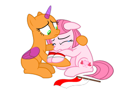 Size: 1794x1259 | Tagged: safe, artist:katnekobase, artist:tanahgrogot, derpibooru import, oc, oc only, oc:annisa trihapsari, earth pony, pony, bald, base used, crying, duo, duo female, ears, eyes closed, female, flag, floppy ears, gritted teeth, indonesia, mare, sad, simple background, solo, teeth, transparent background, worried