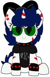 Size: 822x1261 | Tagged: safe, artist:yamston, derpibooru import, oc, oc only, oc:yancy greenfield, hybrid, pony, unicorn, fanfic:living the dream, 2023, blue hair, bow, bracelet, clothes, collar, cute, ear piercing, fanfic art, female, filly, foal, goth, green eyes, hair bow, horn, hybrid oc, jewelry, looking at you, parent:oc:lance greenfield, parent:oc:yamston crowe, piercing, red stripes, shirt, simple background, slit eyes, solo, stripes, studded bracelet, transparent background, two toned coat, white coat