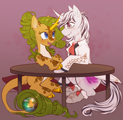 Size: 3928x3824 | Tagged: safe, artist:helemaranth, derpibooru import, oc, oc:eldorada, oc:yiazmat, kirin, unicorn, couple, cushion, date, female, happy, hoof hold, hooves, horn, kirin oc, male, orb, shipping, table, tail, unicorn oc