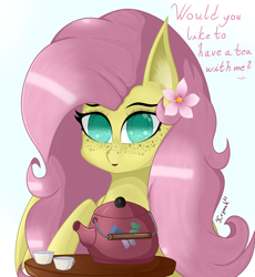 Size: 3440x3740 | Tagged: safe, artist:krymak, derpibooru import, fluttershy, flower, flower in hair, food, simple background, talking to viewer, tea