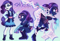 Size: 2048x1407 | Tagged: safe, artist:carouselunique, derpibooru import, rarity, human, crossover, gradient background, humanized, looking at you, marvel, open mouth, open smile, smiling, solo, spider-man