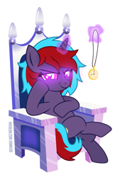 Size: 677x1000 | Tagged: safe, artist:jennieoo, derpibooru import, oc, oc only, oc:charming dazz, pony, unicorn, crossed hooves, crossed legs, evil grin, glowing, glowing eyes, glowing horn, grin, horn, hypnosis, looking at you, magic, patreon, patreon reward, pocket watch, show accurate, simple background, smiling, smiling at you, smirk, solo, transparent background, vector