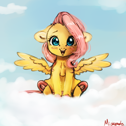 Size: 4000x4000 | Tagged: safe, artist:miokomata, derpibooru import, fluttershy, pegasus, pony, absurd resolution, blushing, cloud, cute, ears, female, floppy ears, freckles, freckleshy, frog (hoof), looking at you, mare, on a cloud, open mouth, open smile, shyabetes, signature, sitting, sitting on cloud, smiling, smiling at you, solo, spread wings, underhoof, wings