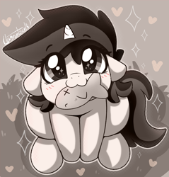 Size: 1020x1067 | Tagged: safe, artist:llametsul, derpibooru import, oc, oc only, oc:blackjack, fish, pony, unicorn, fallout equestria, fallout equestria: project horizons, atg 2023, cute, monochrome, newbie artist training grounds, solo, sparkles