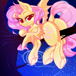 Size: 2000x2000 | Tagged: safe, alternate version, artist:dankpegasista, derpibooru exclusive, derpibooru import, fluttershy, bat pony, pegasus, pony, bat ears, bat ponified, bat wings, butt, chest fluff, colored eyelashes, colored lineart, colored pupils, detailed background, digital art, dock, fangs, flutterbat, frog (hoof), full body, heart, heart eyes, large butt, long eyelashes, long mane, long tail, looking at you, lying down, messy mane, night, pink hair, plot, prone, quadrupedal, race swap, red eyes, smiling, smiling at you, solo, spread wings, stars, sternocleidomastoid, tail, tree, tree branch, underhoof, wingding eyes, wings, yellow coat, yellow fur