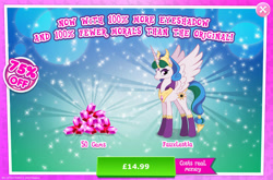Size: 1961x1296 | Tagged: safe, derpibooru import, idw, princess celestia, alicorn, pony, reflections, advertisement, costs real money, crown, english, evil celestia, evil counterpart, female, gameloft, gem, horn, idw showified, jewelry, mare, mirror universe, mobile game, my little pony: magic princess, numbers, official, regalia, sale, solo, spread wings, text, wings