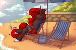 Size: 3000x2000 | Tagged: safe, artist:dereketto, derpibooru import, oc, oc only, oc:rose regalia, pony, unicorn, bag, beach, beach chair, beach umbrella, bucket, chair, cloud, high res, sandcastle, shadow, sky, solo, stone, stretching