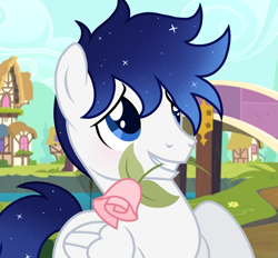 Size: 1165x1080 | Tagged: safe, artist:cstrawberrymilk, derpibooru import, oc, oc only, oc:moonlight dust, pegasus, pony, bridge, flower, flower in mouth, male, mouth hold, rose, rose in mouth, solo, stallion