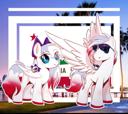 Size: 808x719 | Tagged: safe, artist:diniarvegafinahar, derpibooru import, oc, oc only, pony, blue eyes, blushing, bow, california, colored hooves, crossover, duo, female, flag of california, gradient mane, gradient tail, hair bow, knee blush, male, mare, nation ponies, polandball, ponified, real life background, red mane, species swap, spread wings, stallion, stars, sunglasses, tail, white mane, wings