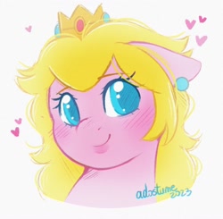 Size: 1280x1256 | Tagged: safe, artist:adostume, derpibooru import, pony, blushing, bust, colored, cute, ear piercing, earring, eyelashes, eyes open, female, heart, jewelry, lipstick, mare, piercing, ponified, portrait, princess peach, simple background, sketch, smiling, solo, species swap, super mario bros., white background