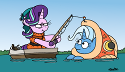 Size: 2450x1416 | Tagged: safe, artist:bobthedalek, derpibooru import, starlight glimmer, trixie, pony, unicorn, animal costume, atg 2023, boat, clothes, costume, duo, duo female, female, fish costume, fishing, fishing rod, hat, inconvenient trixie, lifejacket, mare, newbie artist training grounds, starlight glimmer is not amused, unamused