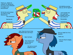 Size: 2000x1500 | Tagged: safe, artist:blazewing, derpibooru import, flam, flim, oc, oc:syntax, oc:tough cookie, unicorn, 2 panel comic, atg 2023, blue background, bowtie, box, brothers, clothes, comic, eyes closed, fedora, flim flam brothers, glasses, hat, identical twins, jacket, magic, magic aura, newbie artist training grounds, raised hoof, raised leg, siblings, simple background, smiling, talking, telekinesis, text, twin brothers, twins, unimpressed, vest