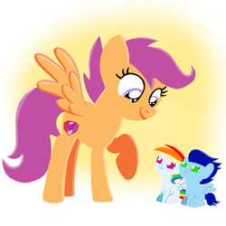 Size: 1400x1400 | Tagged: safe, artist:mlplary6, derpibooru import, scootaloo, oc, oc:blue skies, oc:speedy dash, pegasus, pony, aunt, aunt and nephew, auntie scootaloo, baby, baby pony, colt, female, filly, foal, looking at each other, looking at someone, male, mare, newborn, newborn twins, offspring, parent:rainbow dash, parent:soarin', parents:soarindash, siblings, sitting, smiling, smiling at each other, teenager, twins