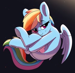 Size: 1200x1160 | Tagged: safe, artist:pabbley, derpibooru import, rainbow dash, pegasus, pony, curled up, cute, dashabetes, female, holding legs, mare, smiling, smirk, solo, space, stars, wings