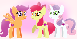 Size: 1980x1020 | Tagged: safe, artist:mlplary6, derpibooru import, apple bloom, scootaloo, sweetie belle, earth pony, pegasus, pony, unicorn, cutie mark crusaders, female, looking at you, mare, smiling, smiling at you, teenager