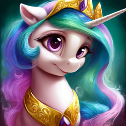 Size: 3072x3072 | Tagged: safe, ai content, derpibooru import, generator:purplesmart.ai, generator:stable diffusion, machine learning generated, princess celestia, alicorn, pony, bust, female, jewelry, looking at you, mare, portrait, regalia, solo