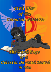 Size: 2480x3508 | Tagged: safe, artist:dust, artist:wojtek-ツ, derpibooru import, oc, oc only, oc:eclipse, pegasus, pony, book, caption, diary, digital art, emblem, fanfic, fanfic art, fanfic cover, female, image macro, journal, mare, new lunar republic, quill, simple background, solar empire, solo, stick pony, text, torn page, wing hands, wing hold, wing writing, wings, writing